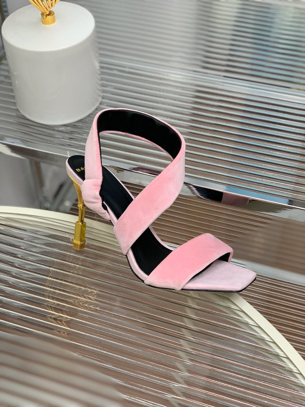 BALMAIN 25S MONETA HEELED SANDALS 95MM IN BABY PINK VELVET