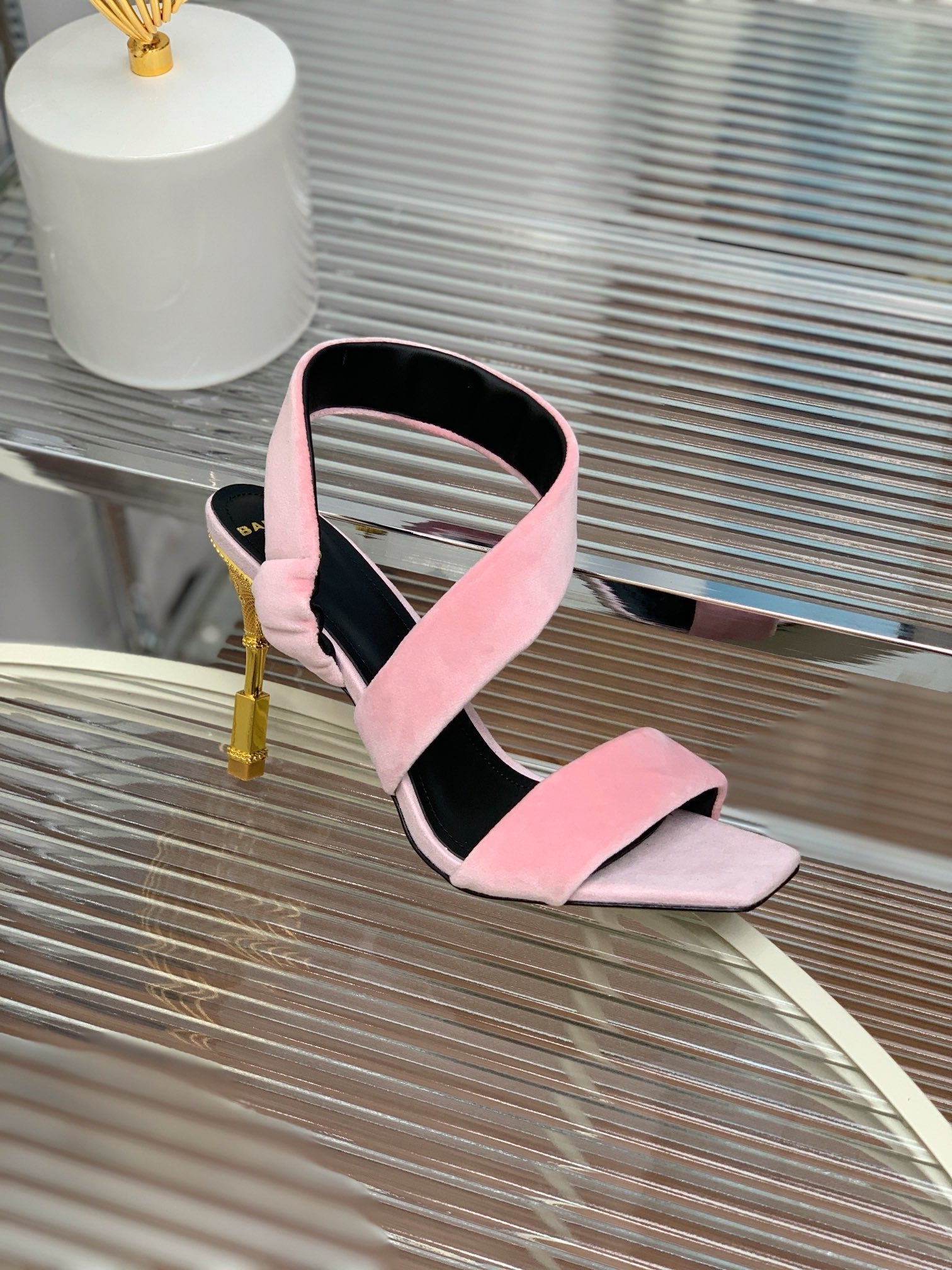 BALMAIN 25S MONETA HEELED SANDALS 95MM IN BABY PINK VELVET