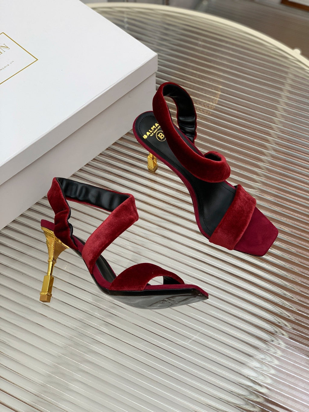 BALMAIN 25S MONETA HEELED SANDALS 95MM IN DARK CRIMSON VELVET