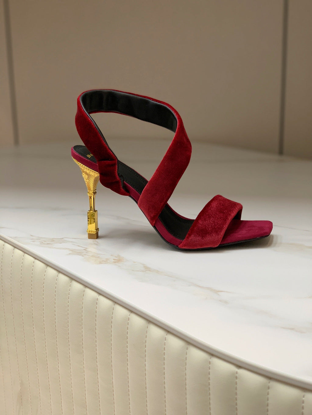 BALMAIN 25S MONETA HEELED SANDALS 95MM IN DARK CRIMSON VELVET