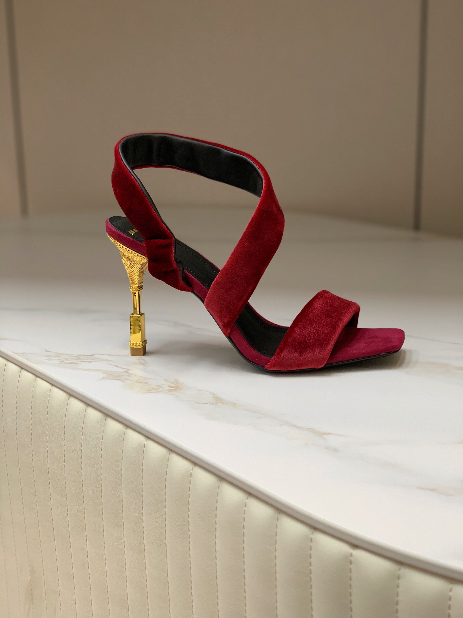 BALMAIN 25S MONETA HEELED SANDALS 95MM IN DARK CRIMSON VELVET