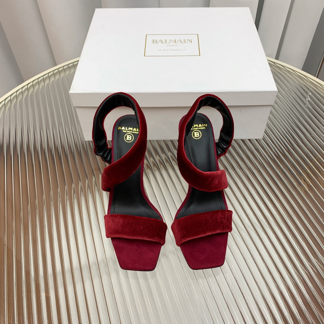 BALMAIN 25S MONETA HEELED SANDALS 95MM IN DARK CRIMSON VELVET