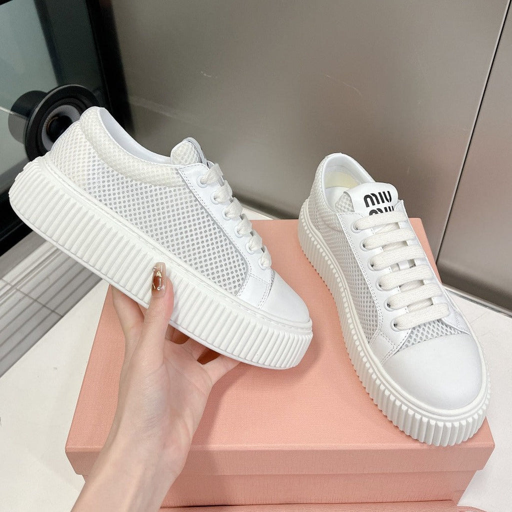 SNEAKERS THICK-SOLED LIGHT GRAY MESH COWHIDE