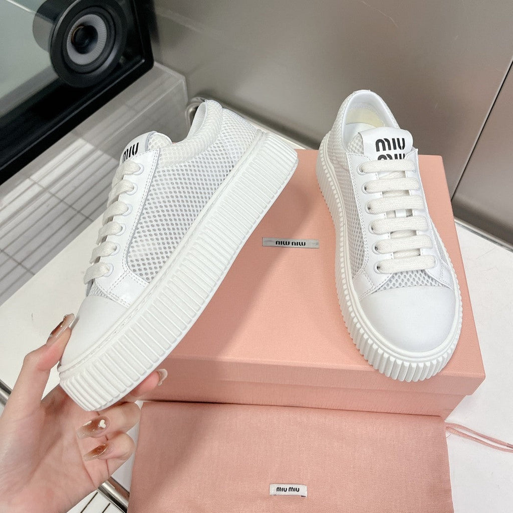 SNEAKERS THICK-SOLED LIGHT GRAY MESH COWHIDE