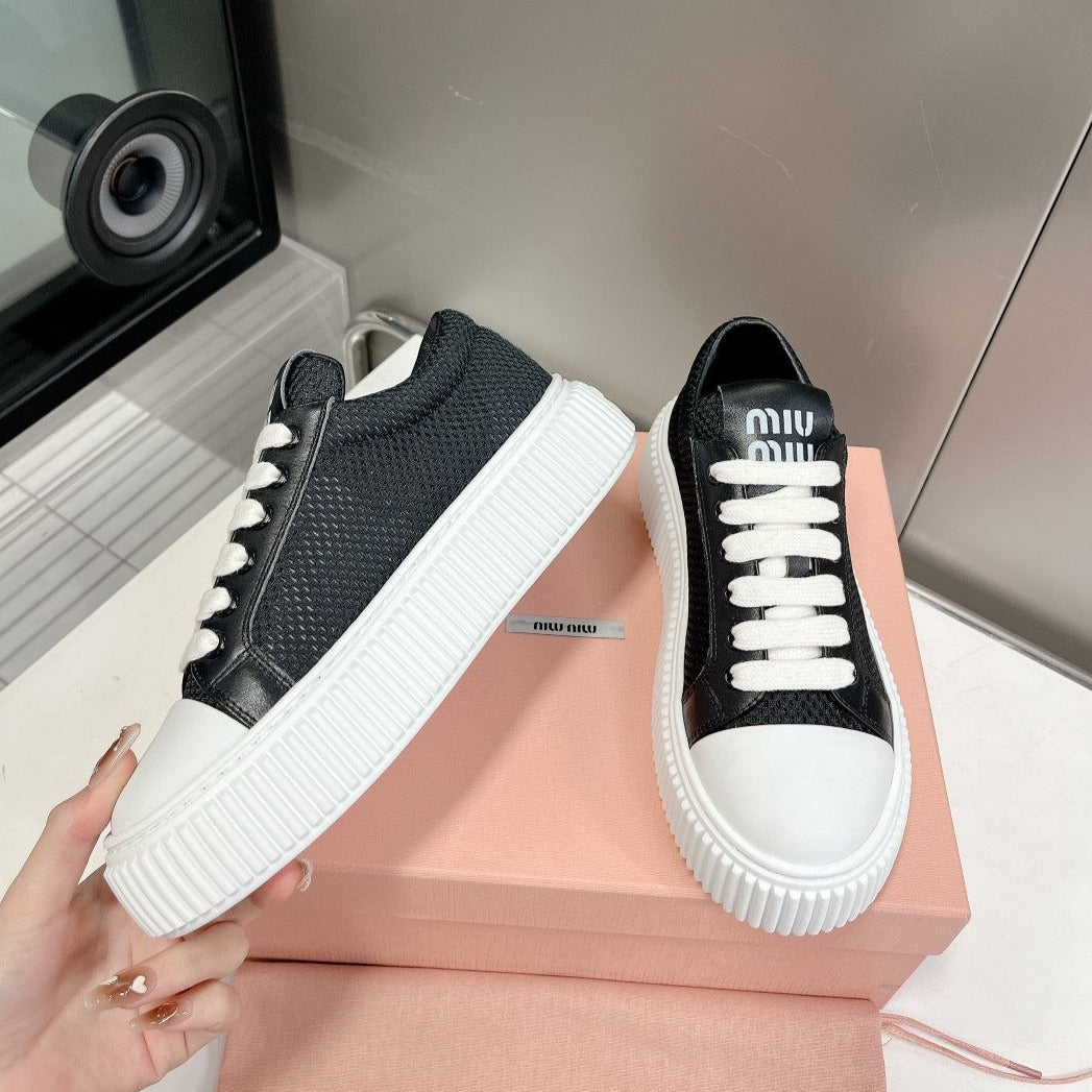 SNEAKERS THICK-SOLED BLACK MESH COWHIDE