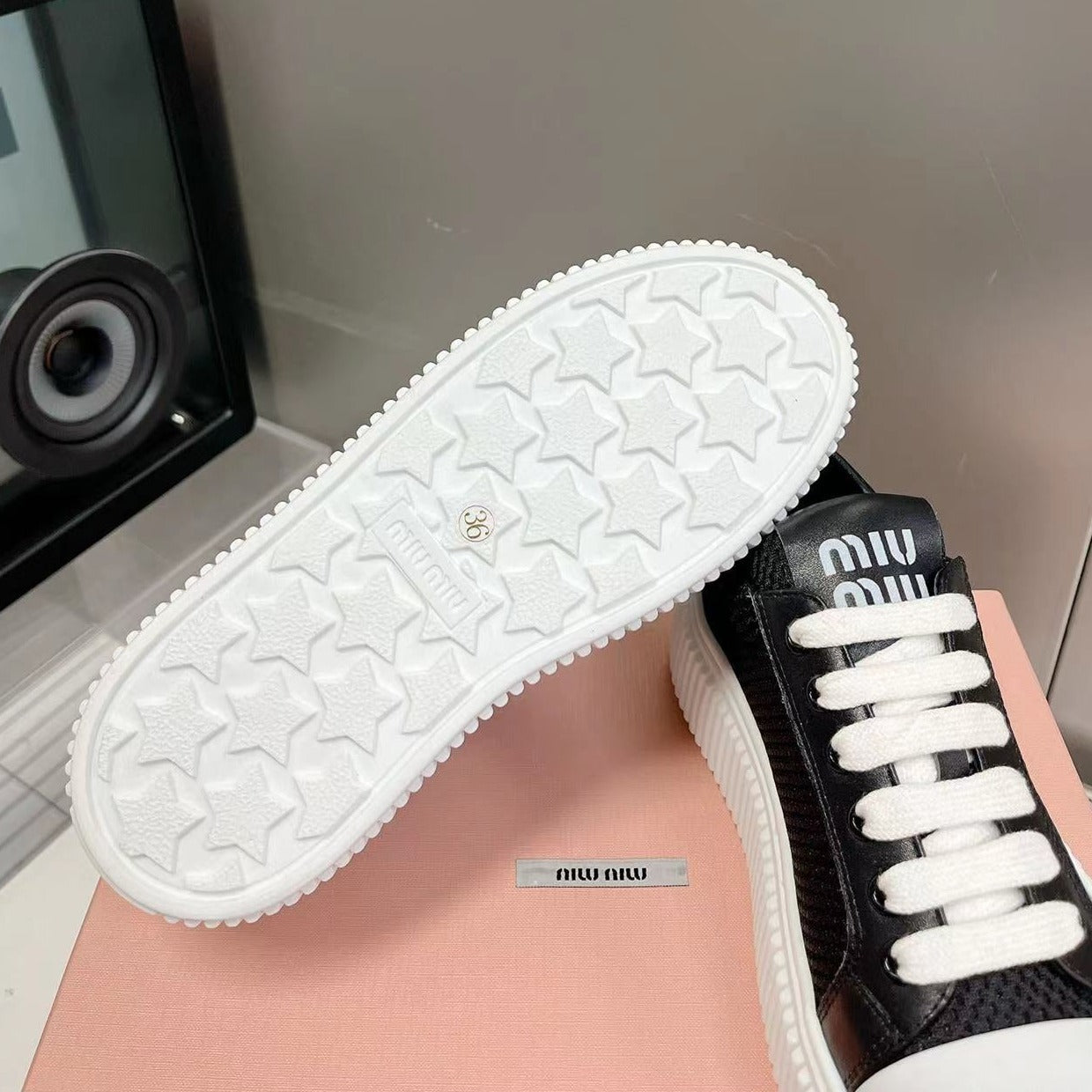 SNEAKERS THICK-SOLED BLACK MESH COWHIDE