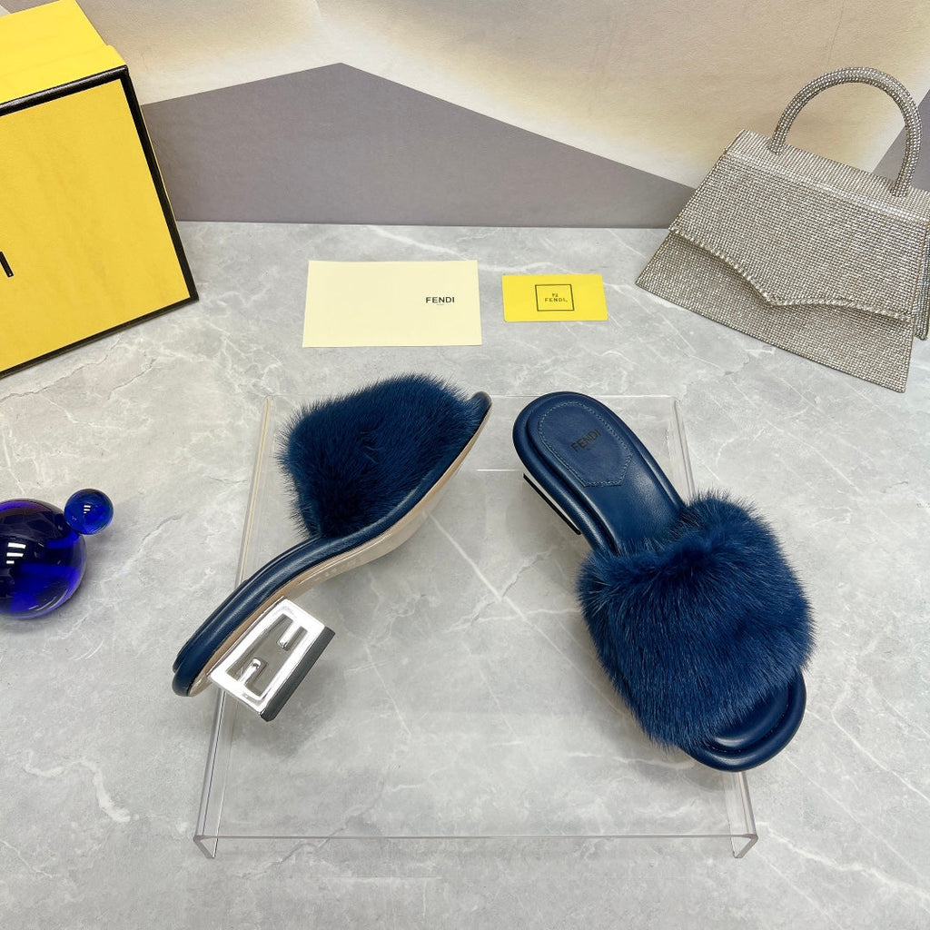 FENDI BAGUETTE MINK MEDIUM-HEELED 45MM IN NAVY BLUE FUR AND LAMBSKIN