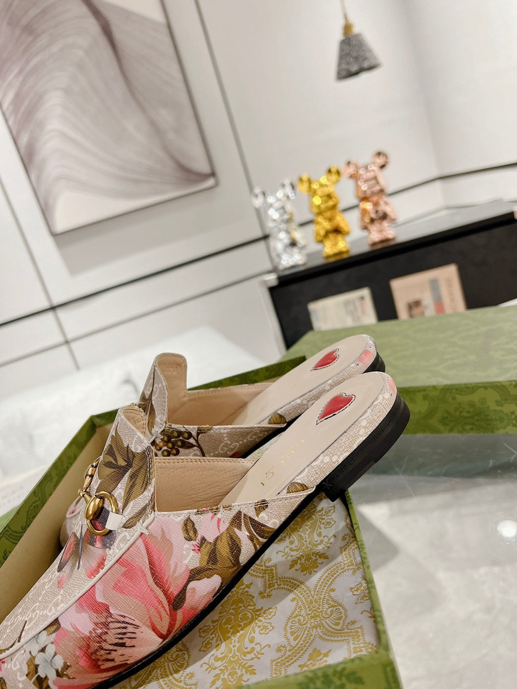 HORSEBIT FLOWER SLIPPER MULE IN LINEN BEIGE MONOGRAM JACQUARD FABRIC