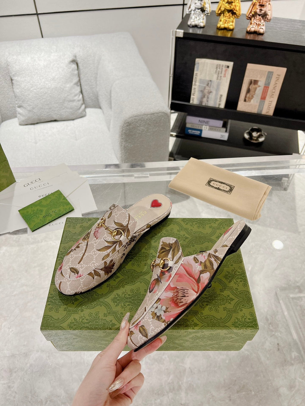 HORSEBIT FLOWER SLIPPER MULE IN LINEN BEIGE MONOGRAM JACQUARD FABRIC