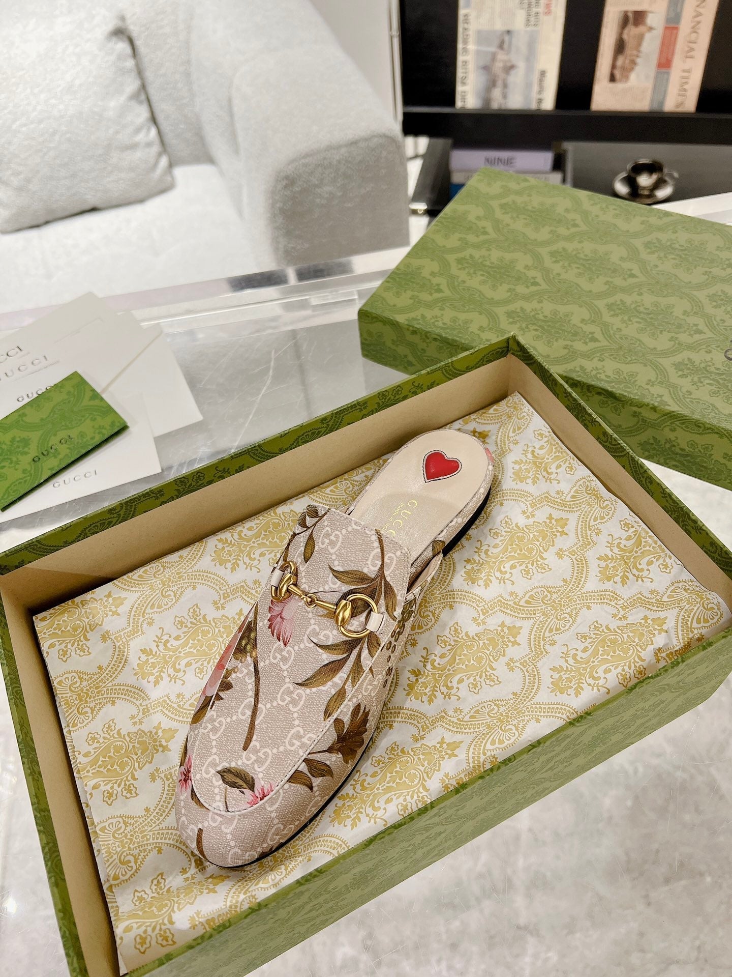 HORSEBIT FLOWER SLIPPER MULE IN LINEN BEIGE MONOGRAM JACQUARD FABRIC