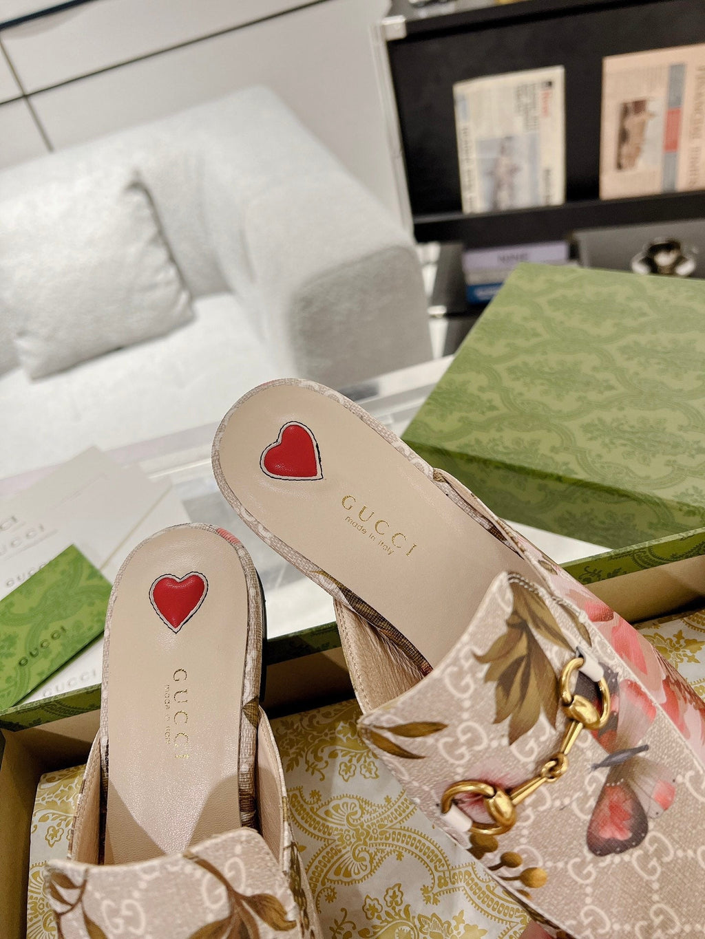 HORSEBIT FLOWER SLIPPER MULE IN LINEN BEIGE MONOGRAM JACQUARD FABRIC