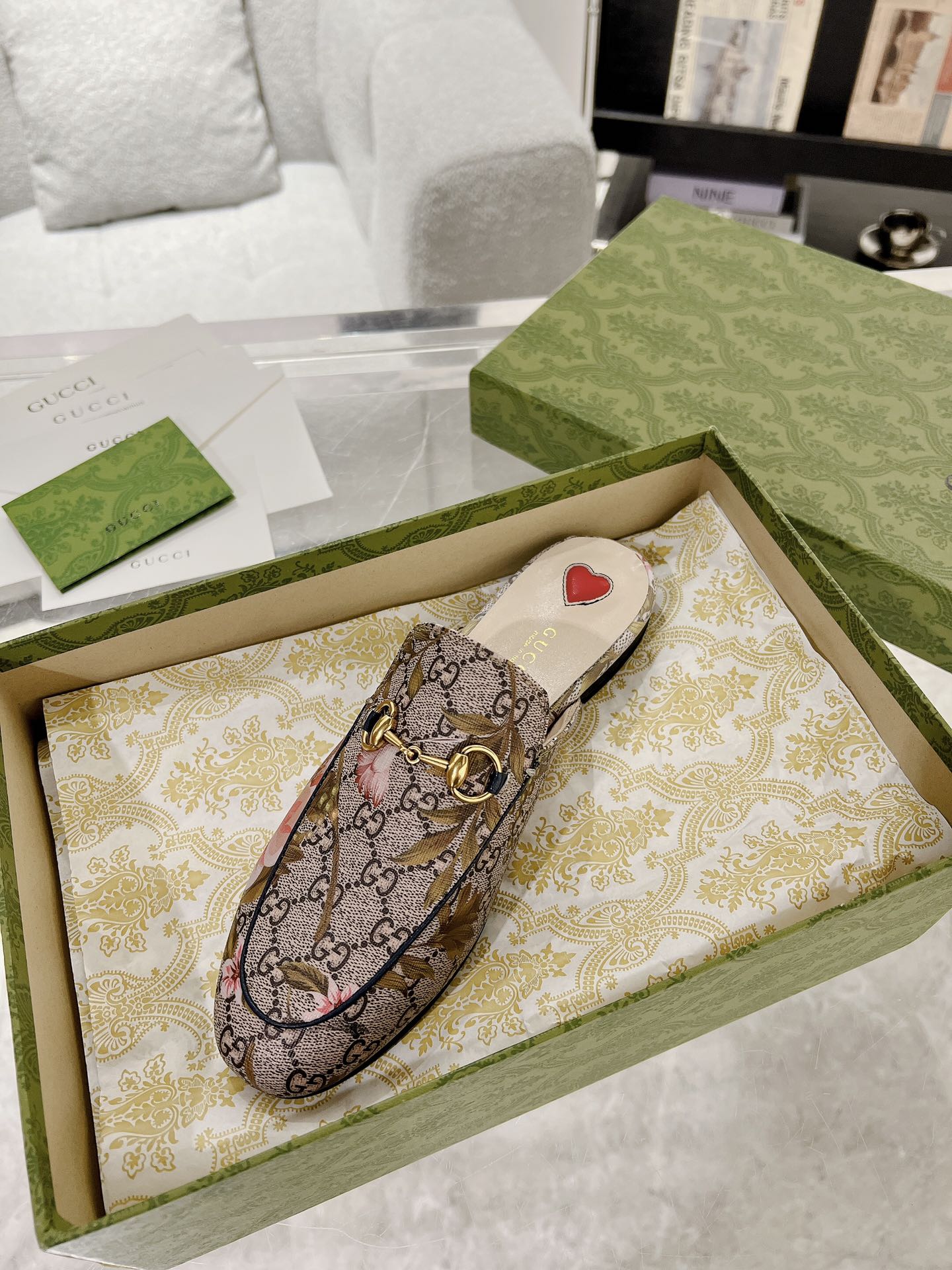 HORSEBIT FLOWER SLIPPER MULE IN DARK BEIGE MONOGRAM JACQUARD FABRIC