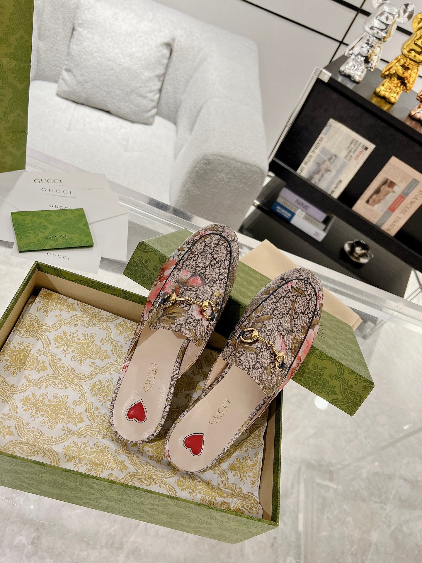 HORSEBIT FLOWER SLIPPER MULE IN DARK BEIGE MONOGRAM JACQUARD FABRIC