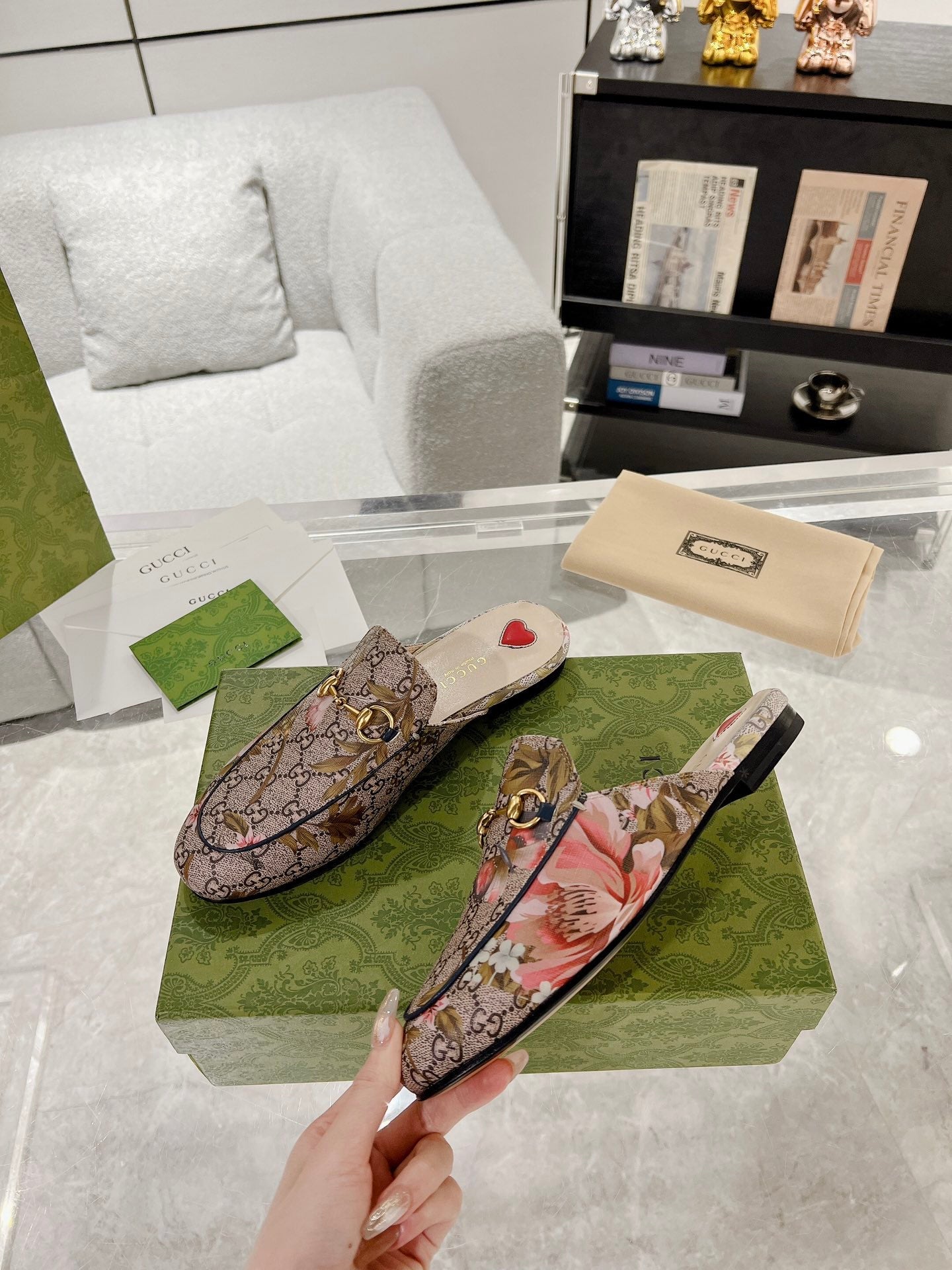 HORSEBIT FLOWER SLIPPER MULE IN DARK BEIGE MONOGRAM JACQUARD FABRIC