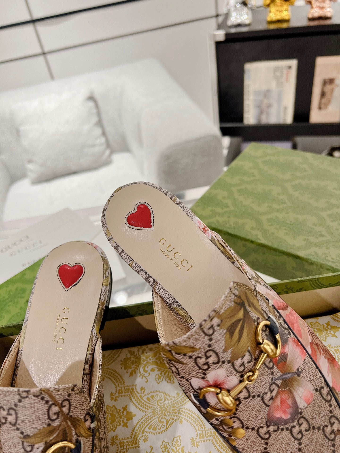 HORSEBIT FLOWER SLIPPER MULE IN DARK BEIGE MONOGRAM JACQUARD FABRIC