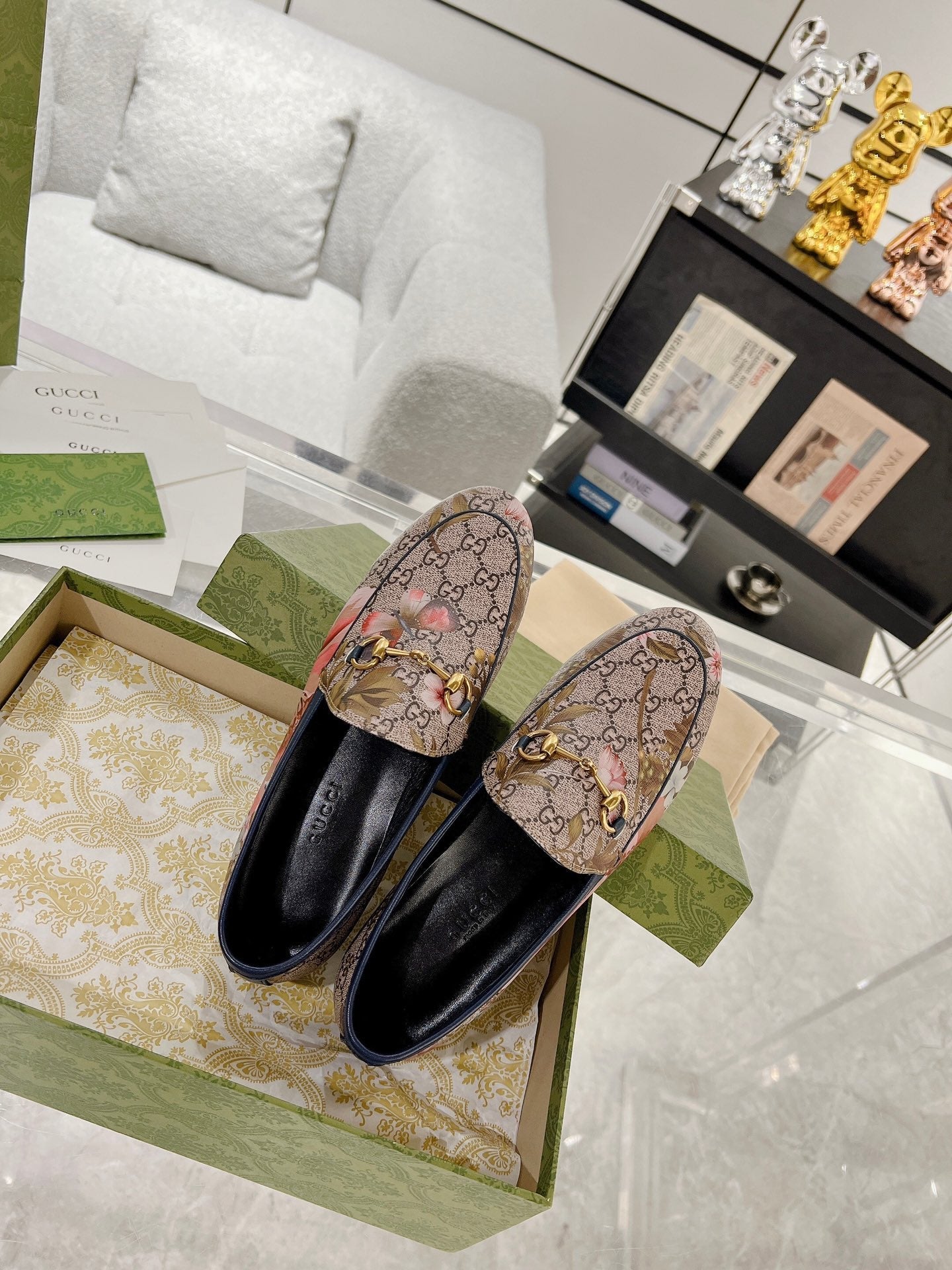 HORSEBIT LOAFER WITH FLOWER PRINT IN DARK BEIGE MONOGRAM JACQUARD FABRIC