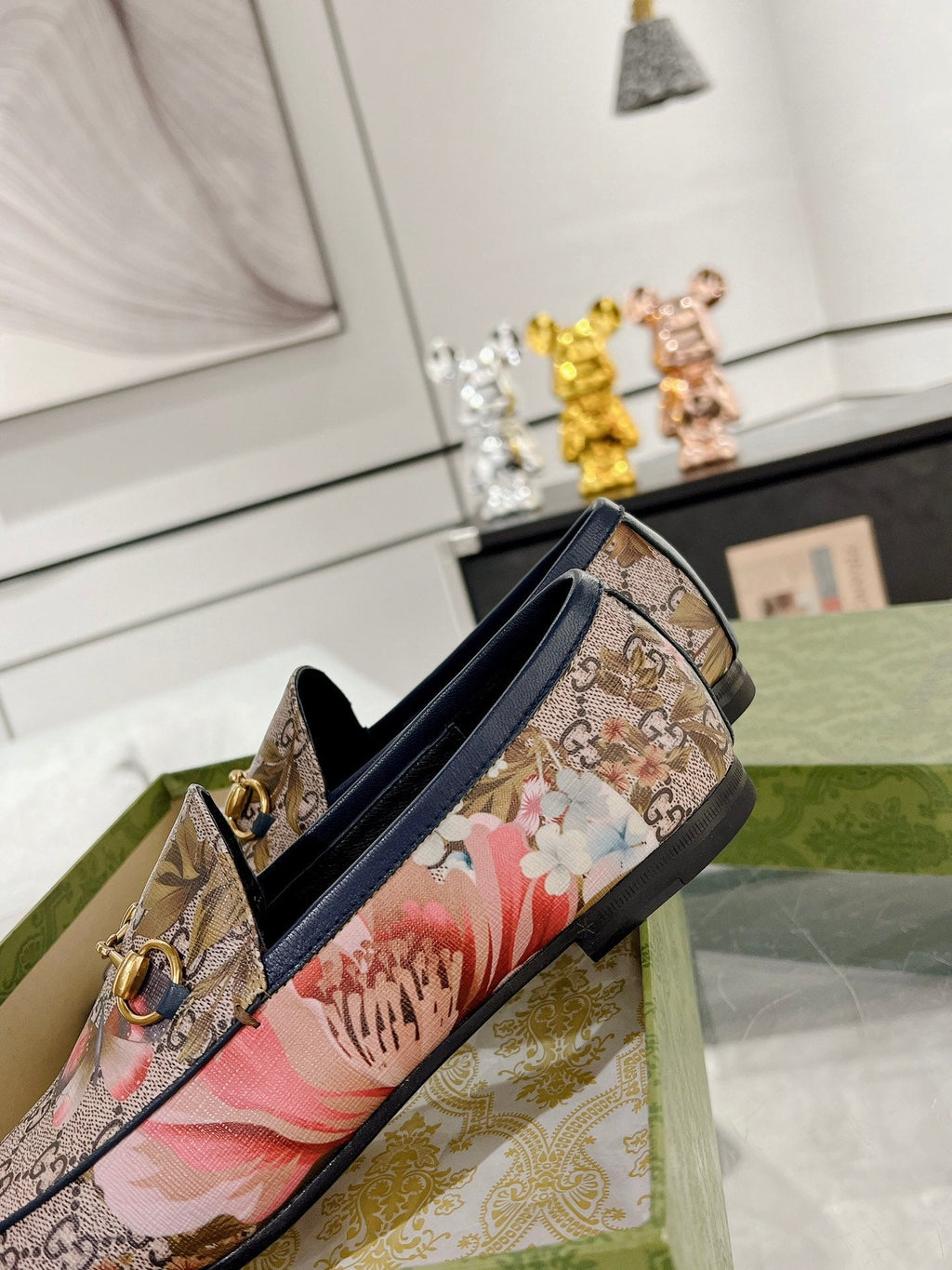 HORSEBIT LOAFER WITH FLOWER PRINT IN DARK BEIGE MONOGRAM JACQUARD FABRIC