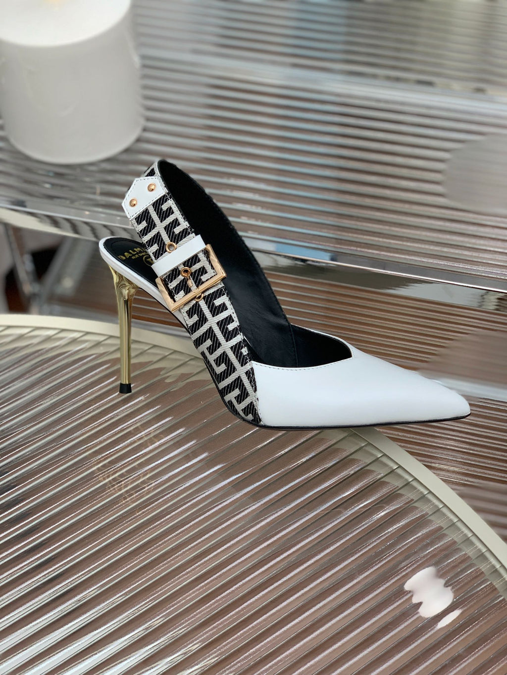 BALMAIN 25S SLINGBACK SHOES 95MM IN WHITE CALFSKIN
