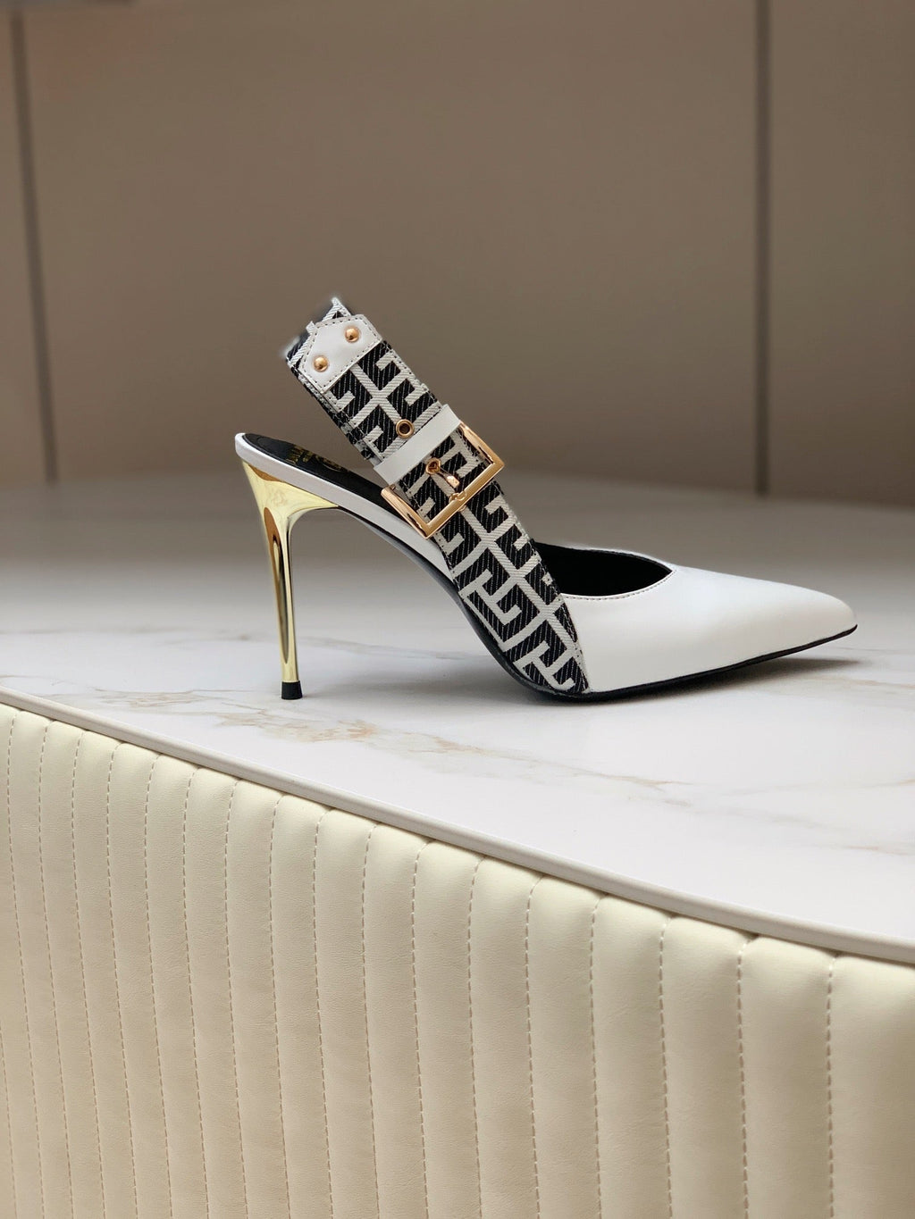 BALMAIN 25S SLINGBACK SHOES 95MM IN WHITE CALFSKIN