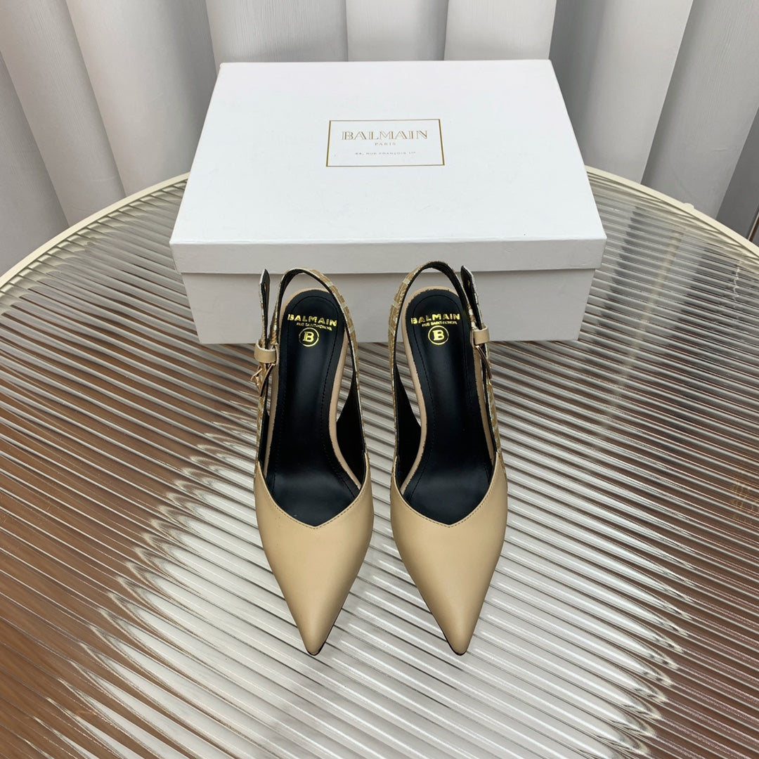BALMAIN 25S SLINGBACK SHOES 95MM IN LIGHT BROWN CALFSKIN