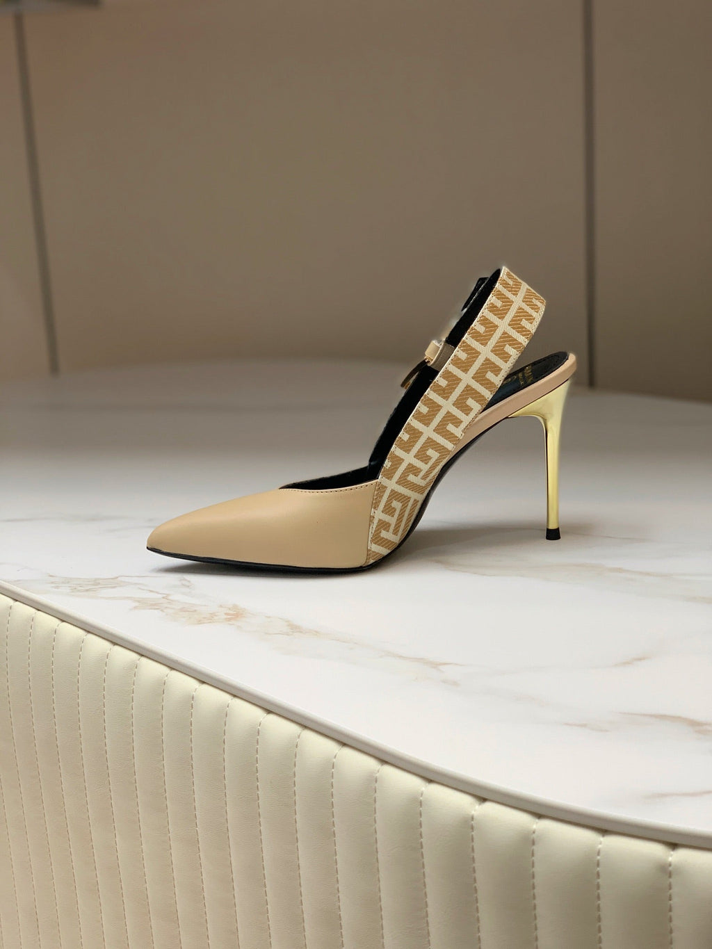 BALMAIN 25S SLINGBACK SHOES 95MM IN LIGHT BROWN CALFSKIN