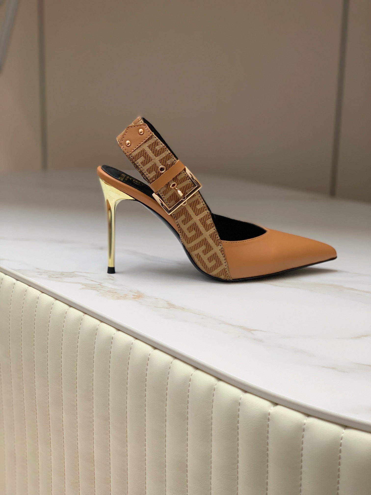 BALMAIN 25S SLINGBACK SHOES 95MM IN DARK BROWN CALFSKIN