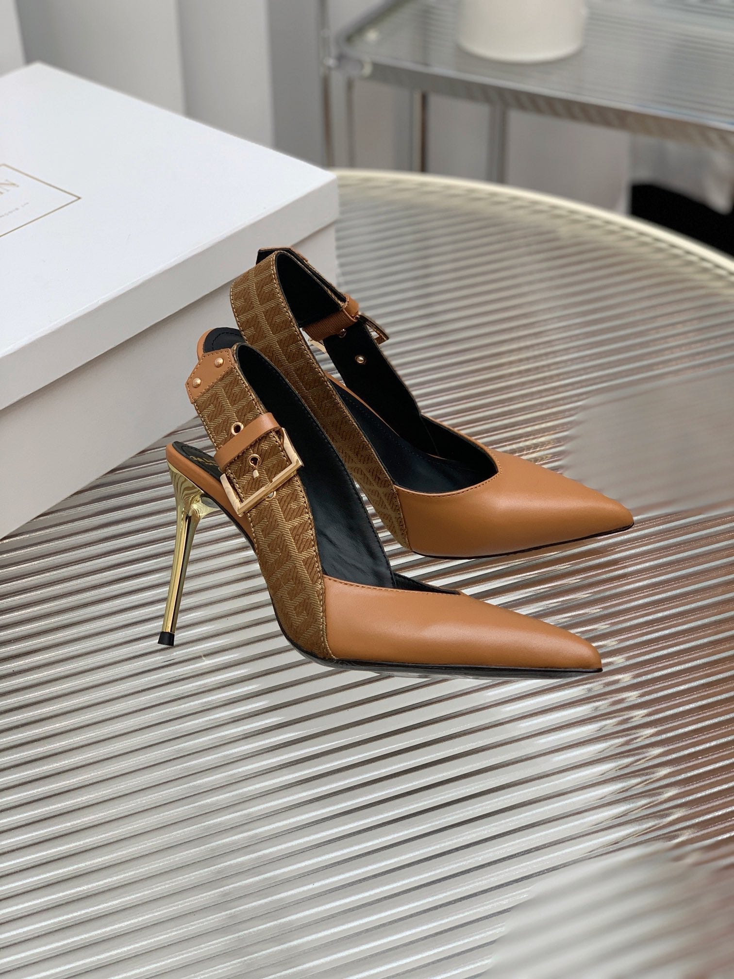 BALMAIN 25S SLINGBACK SHOES 95MM IN DARK BROWN CALFSKIN