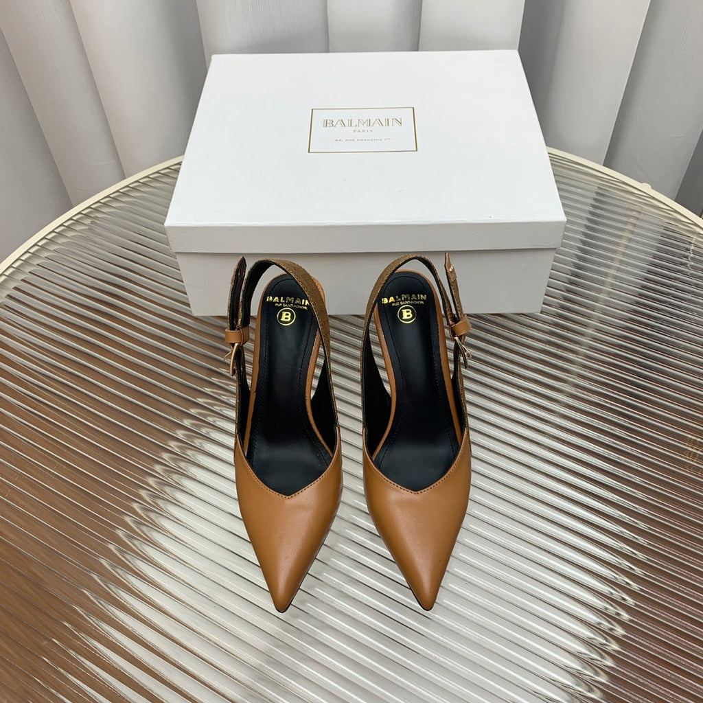 BALMAIN 25S SLINGBACK SHOES 95MM IN DARK BROWN CALFSKIN
