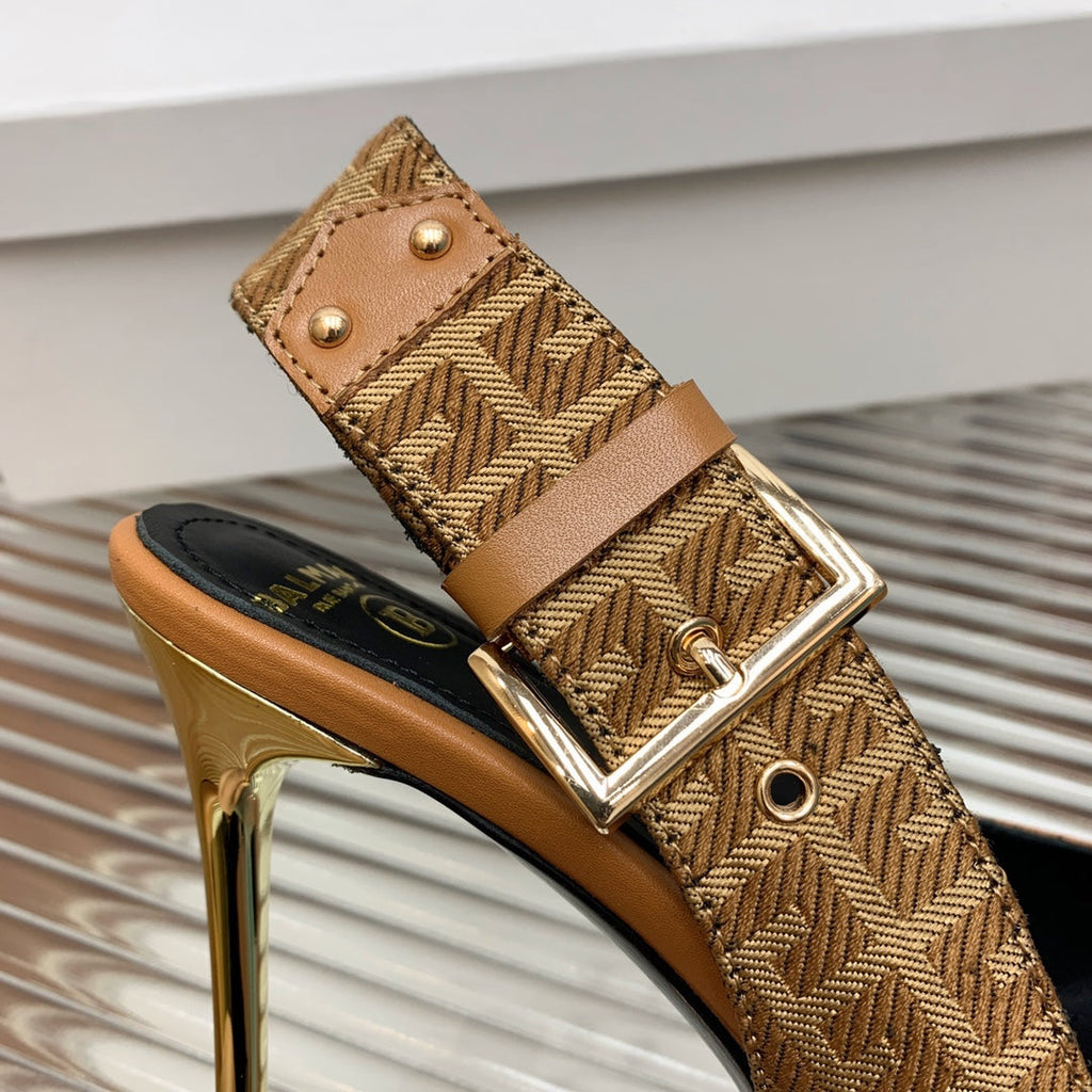 BALMAIN 25S SLINGBACK SHOES 95MM IN DARK BROWN CALFSKIN