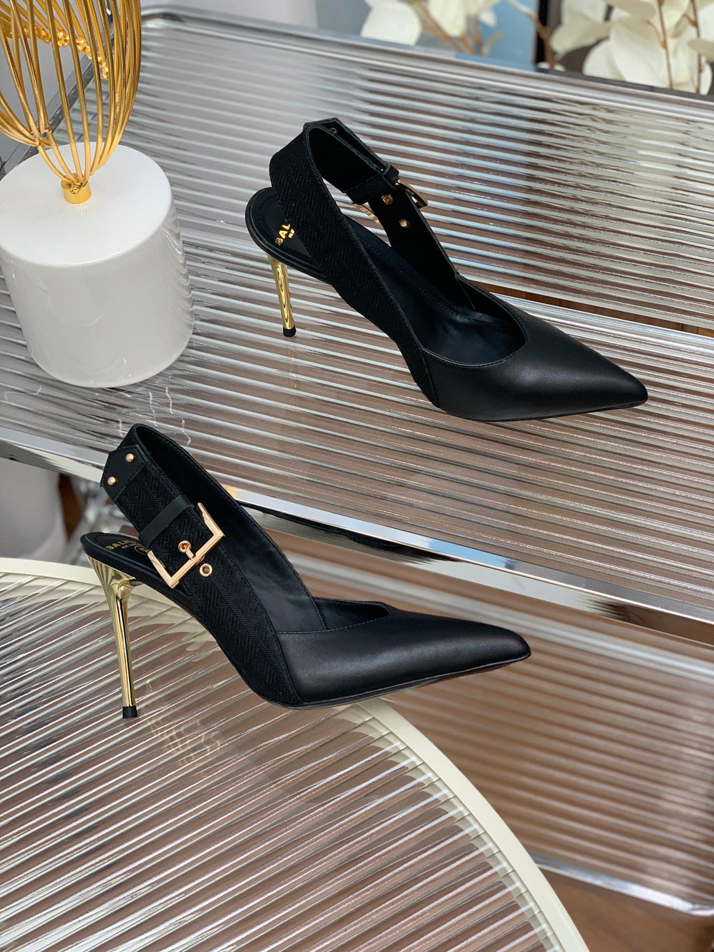 BALMAIN 25S SLINGBACK SHOES 95MM IN BLACK FULL CALFSKIN