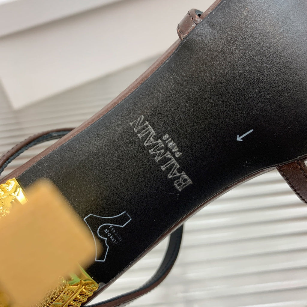 BALMAIN 25S MONETA SANDAL 95MM IN DARK BROWN CALFSKIN