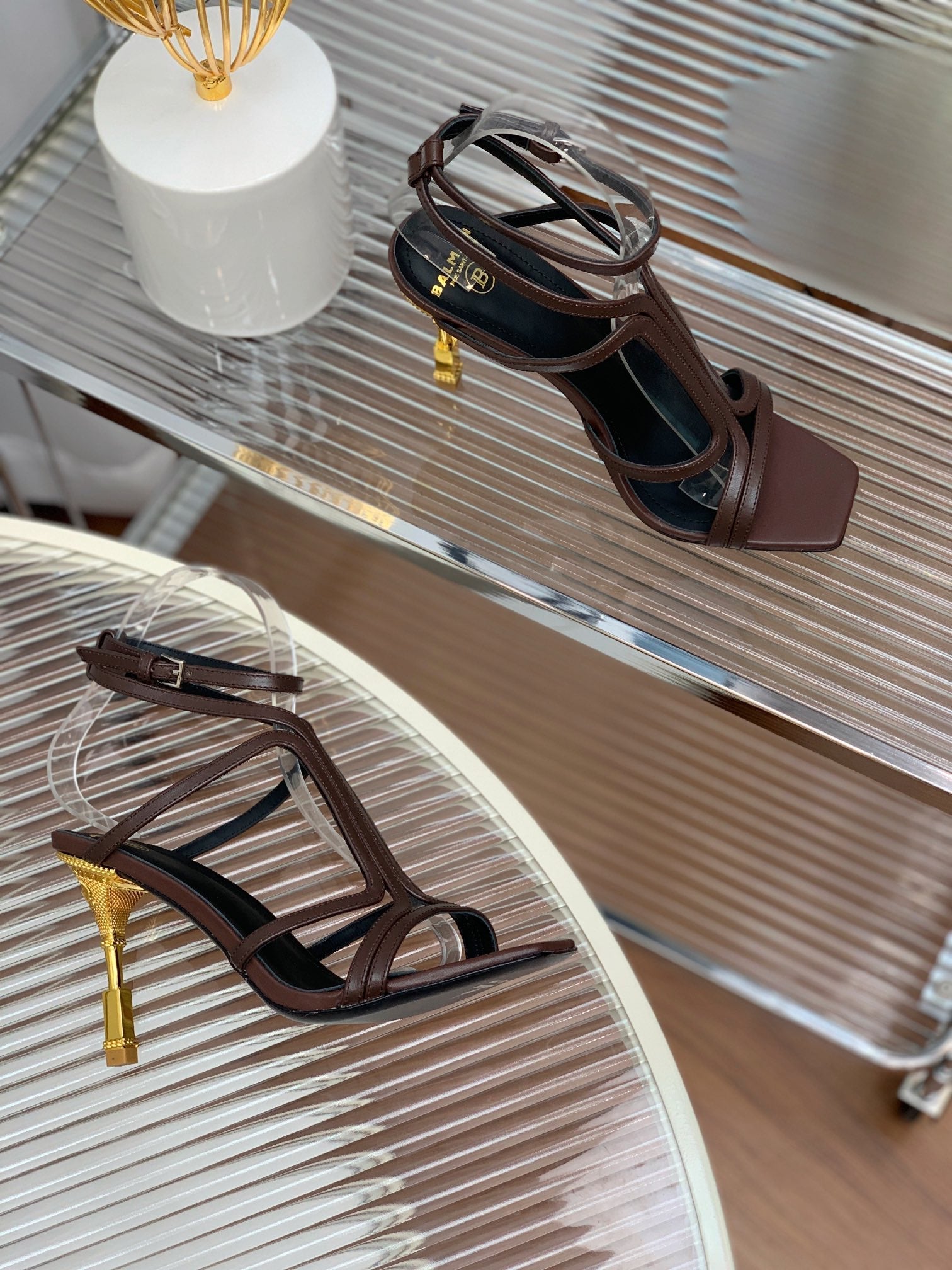 BALMAIN 25S MONETA SANDAL 95MM IN DARK BROWN CALFSKIN