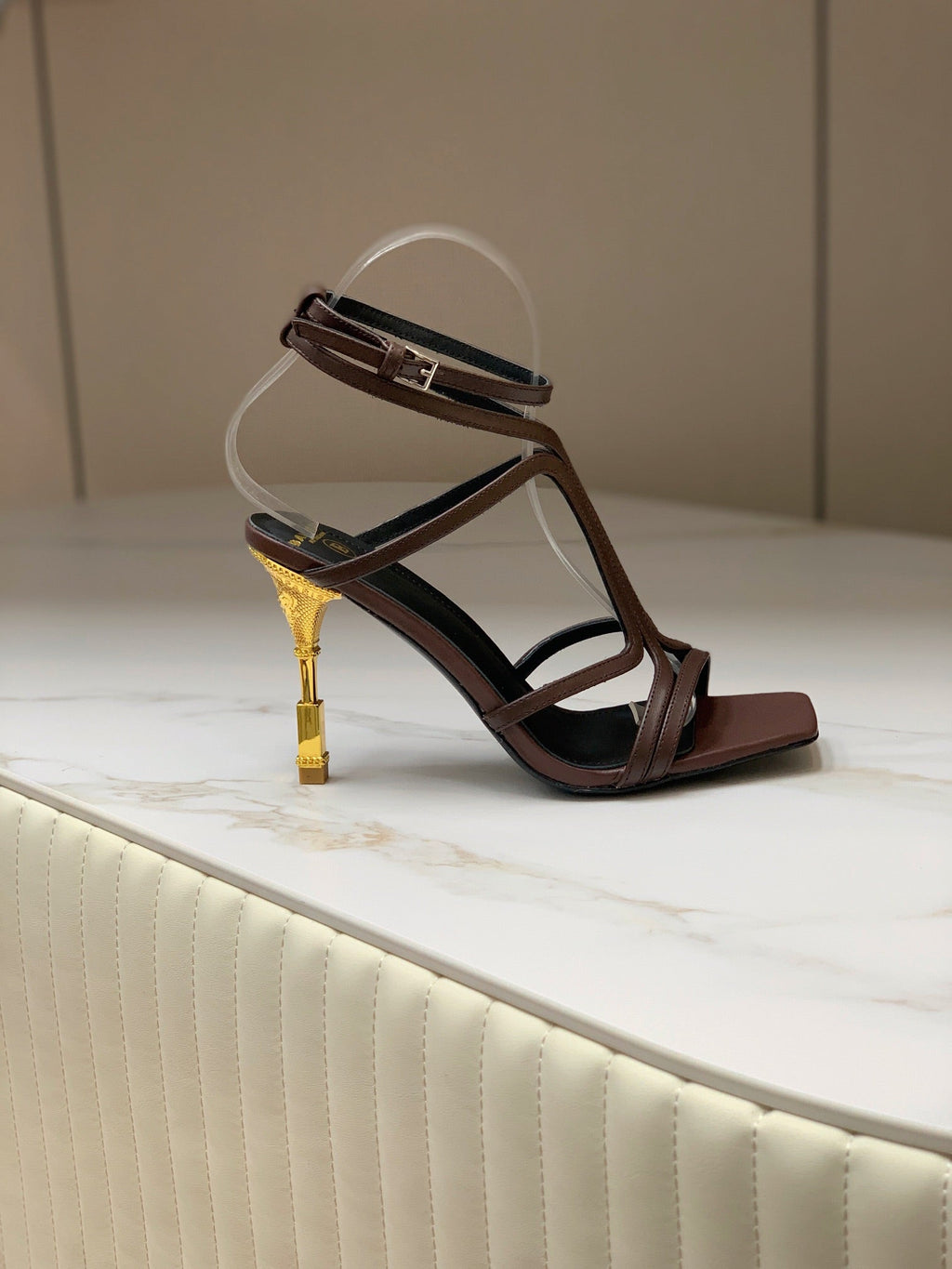 BALMAIN 25S MONETA SANDAL 95MM IN DARK BROWN CALFSKIN