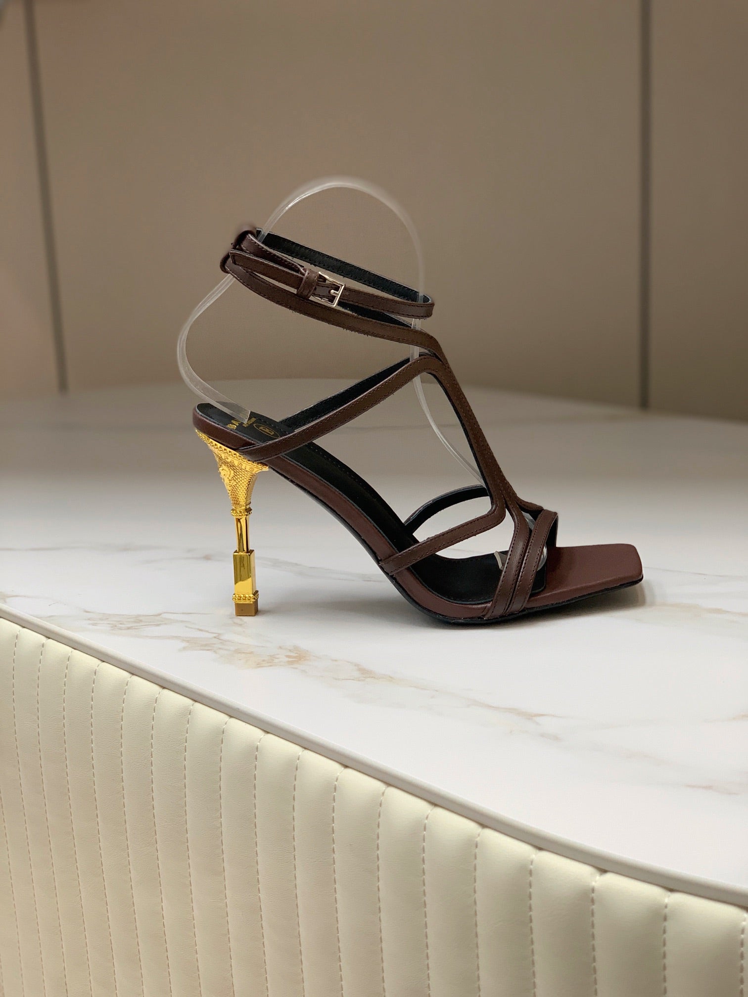 BALMAIN 25S MONETA SANDAL 95MM IN DARK BROWN CALFSKIN