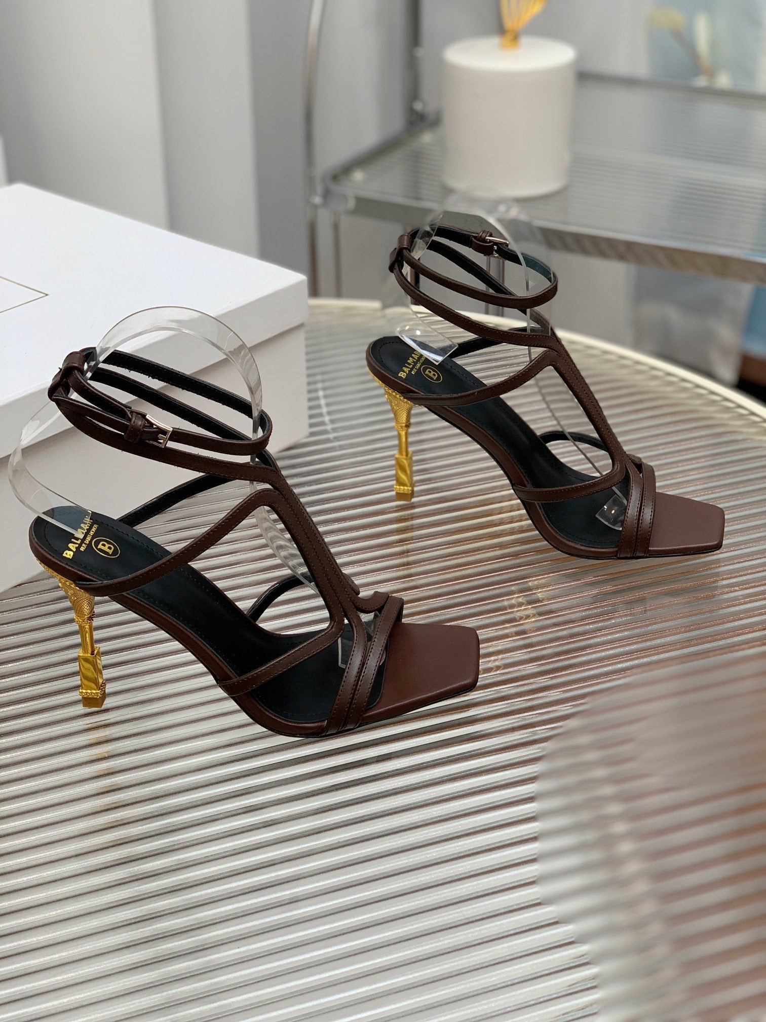 BALMAIN 25S MONETA SANDAL 95MM IN DARK BROWN CALFSKIN