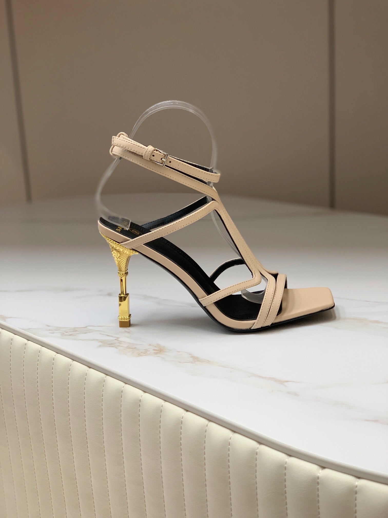 BALMAIN 25S MONETA SANDAL 95MM IN WARM BEIGE CALFSKIN