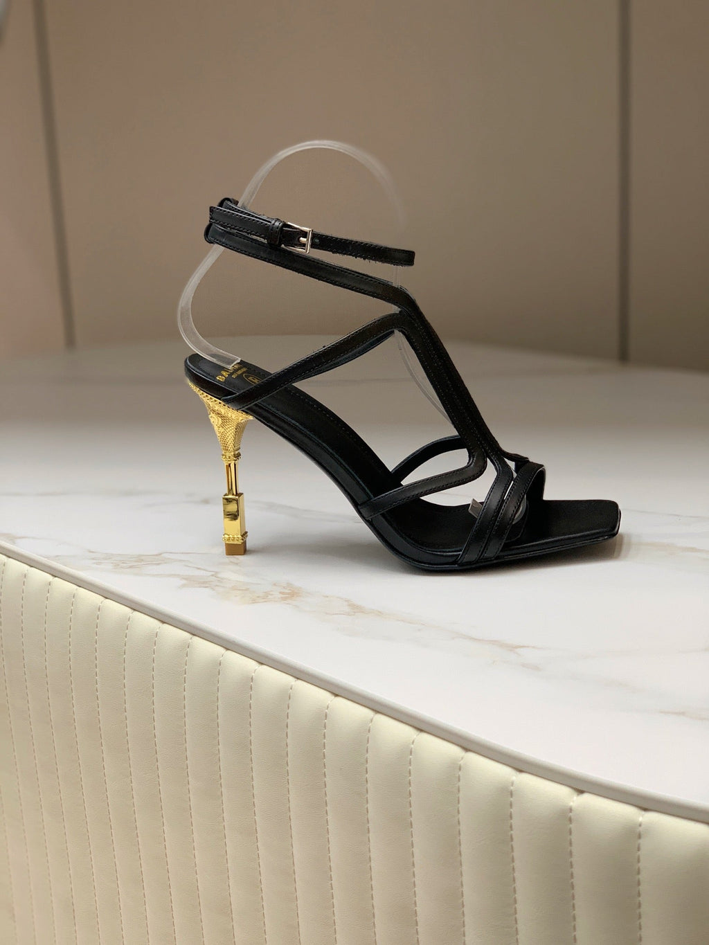 BALMAIN 25S MONETA SANDAL 95MM IN BLACK CALFSKIN