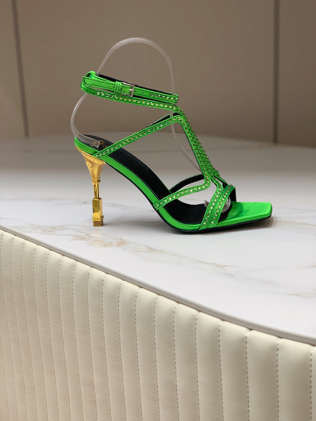 BALMAIN 25S MONETA SANDAL 95MM IN DARK GREEN CALFSKIN WITH CRYSTAL