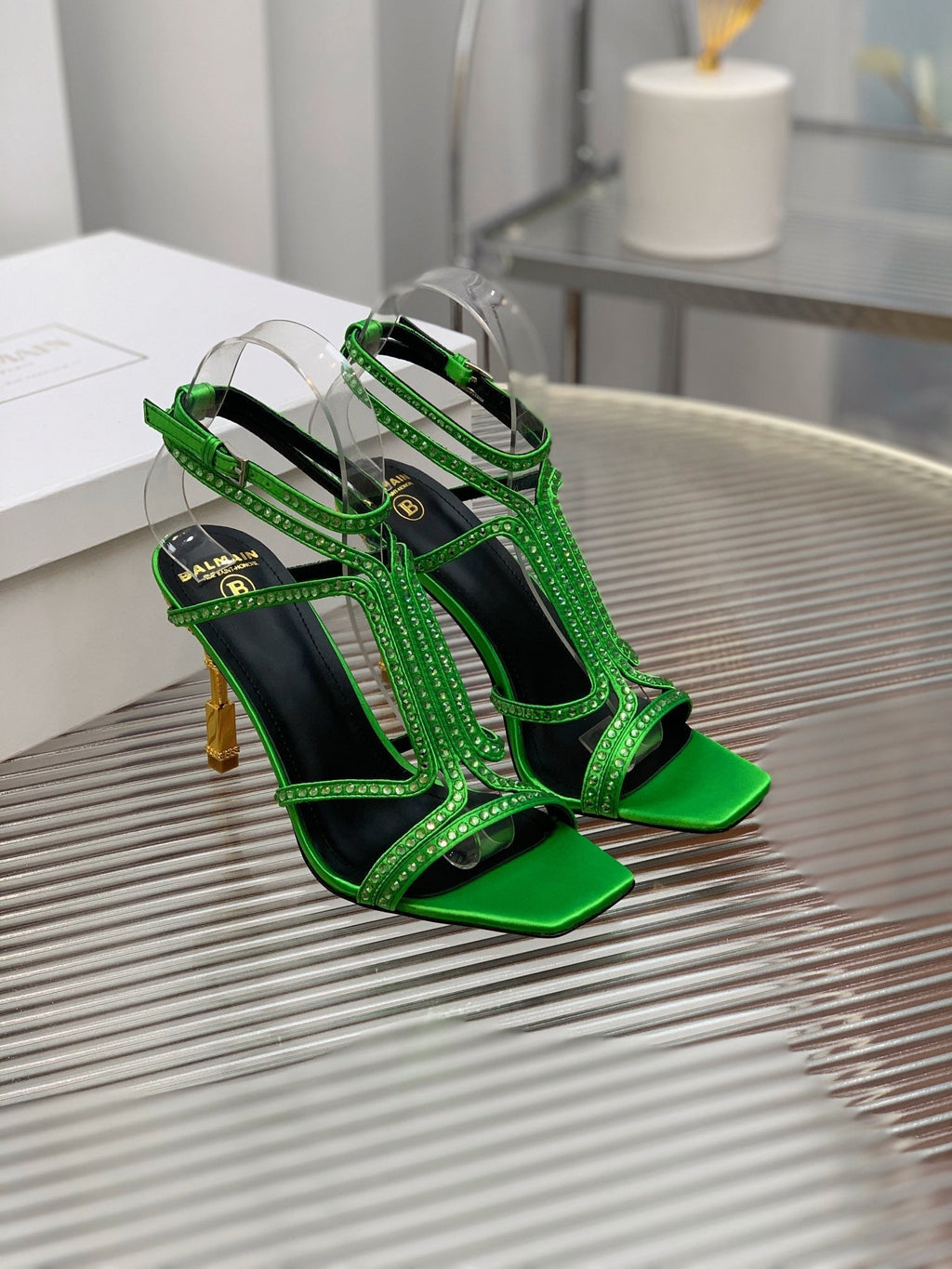 BALMAIN 25S MONETA SANDAL 95MM IN DARK GREEN CALFSKIN WITH CRYSTAL