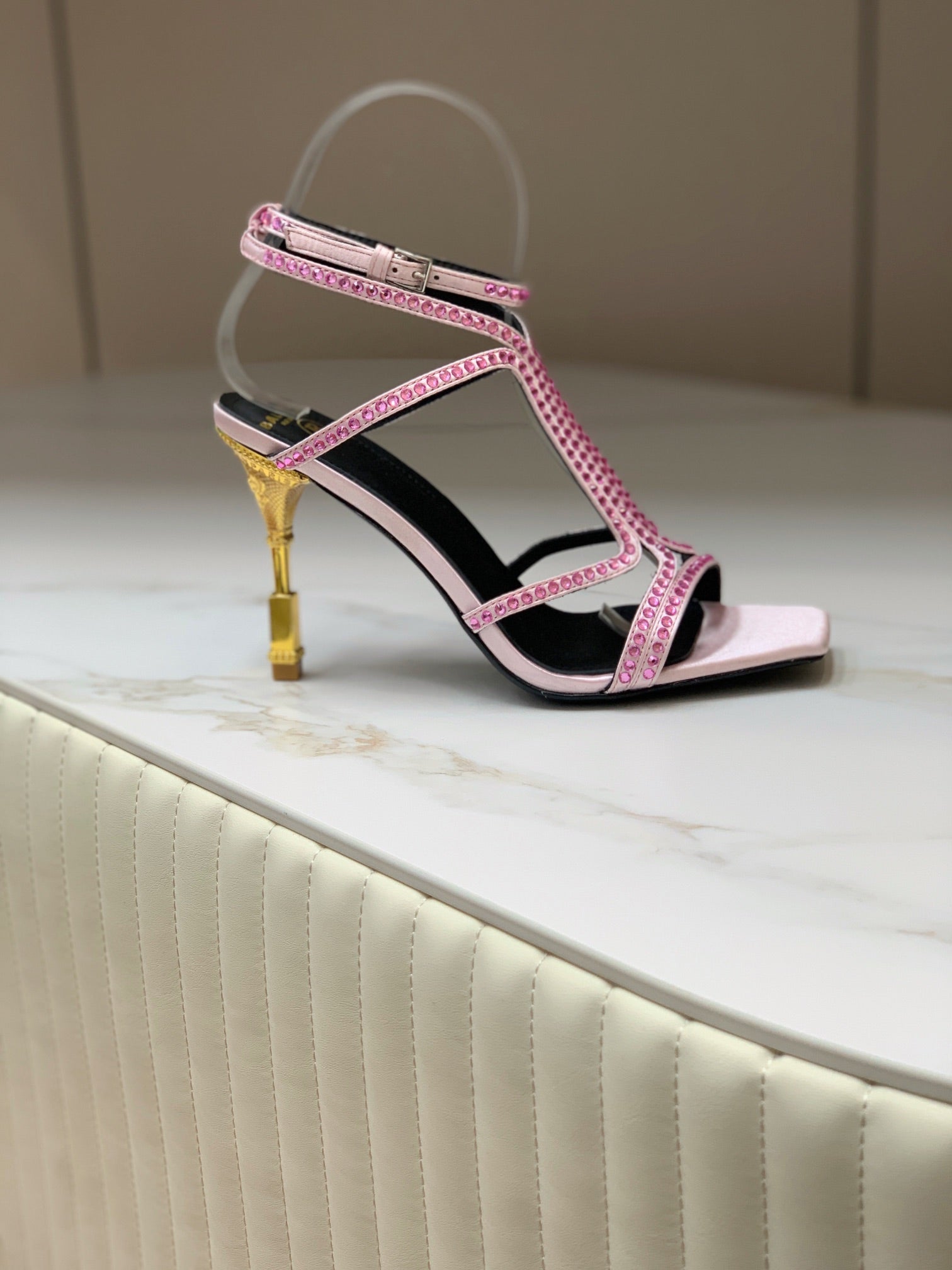 BALMAIN 25S MONETA SANDAL 95MM IN LAVENDER PINK CALFSKIN WITH CRYSTAL