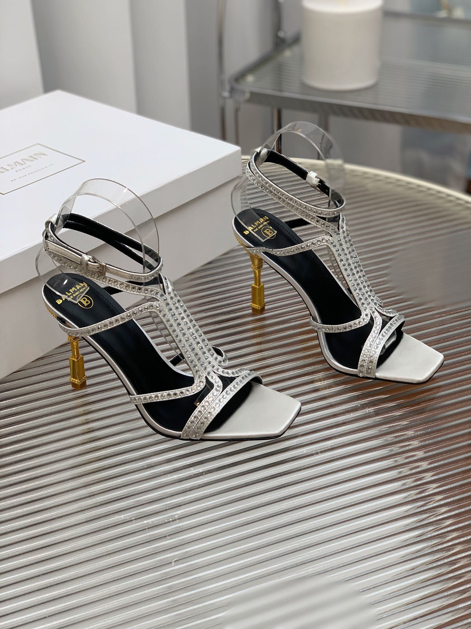 BALMAIN 25S MONETA SANDAL 95MM IN SILVER CALFSKIN WITH CRYSTAL