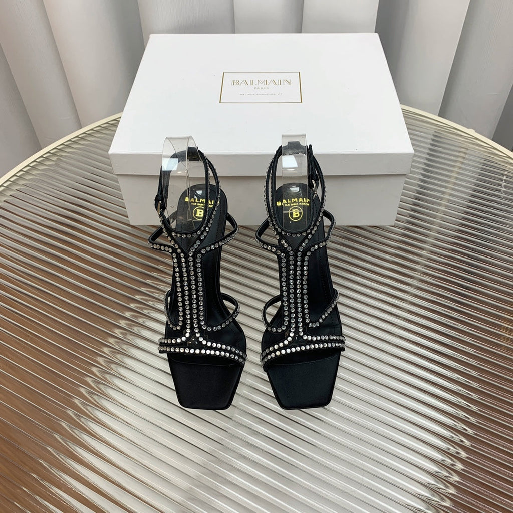 BALMAIN 25S MONETA SANDAL 95MM IN BLACK CALFSKIN WITH CRYSTAL