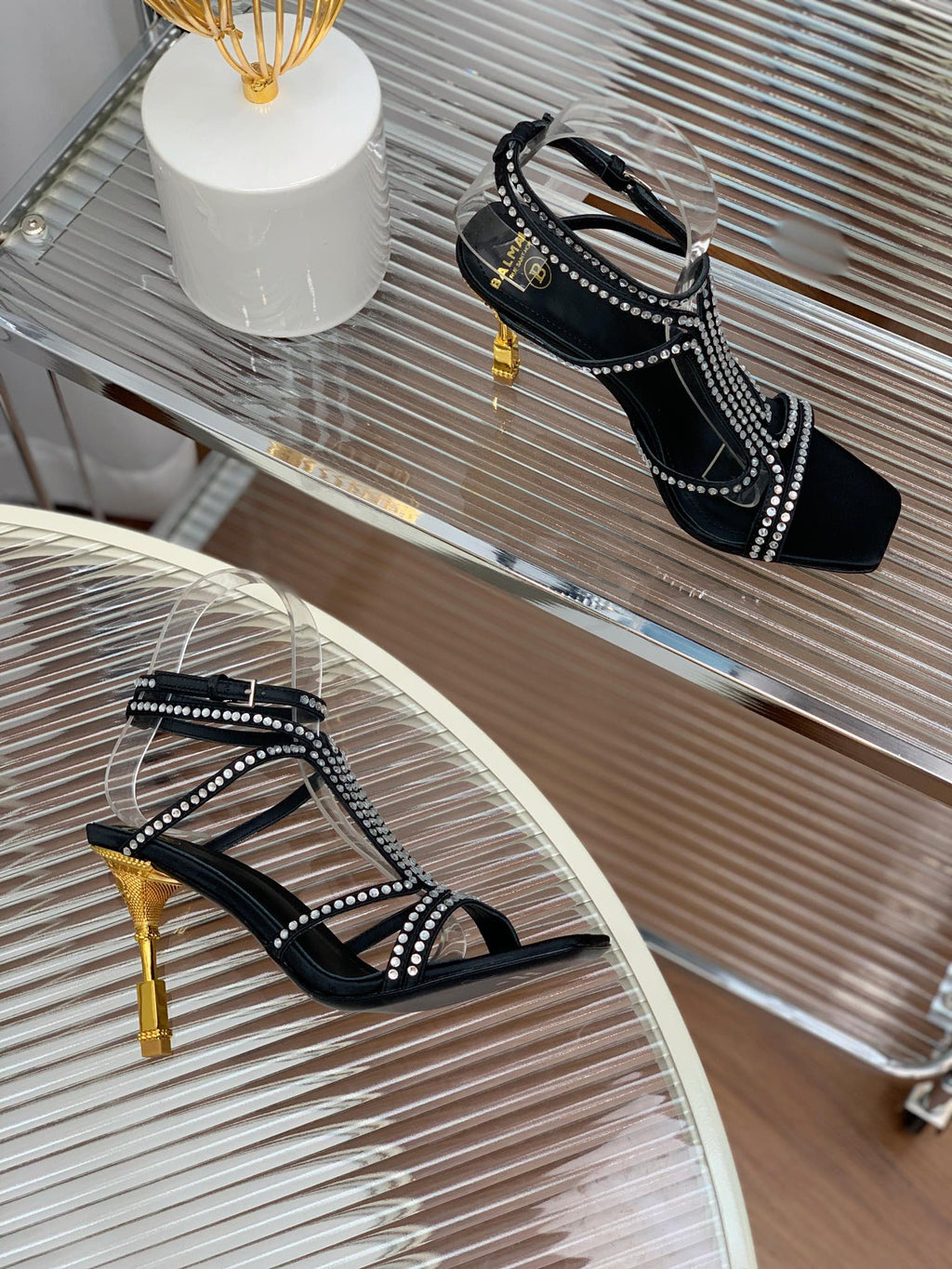 BALMAIN 25S MONETA SANDAL 95MM IN BLACK CALFSKIN WITH CRYSTAL