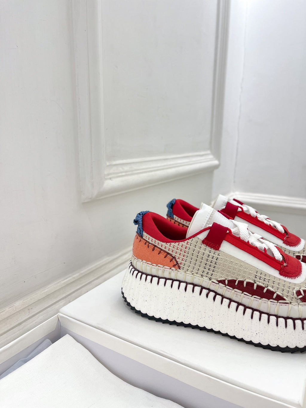 CHLOÉ NAMA SNEAKER IN CHERRY RED MIX COLORFUL SPECIAL FABRIC
