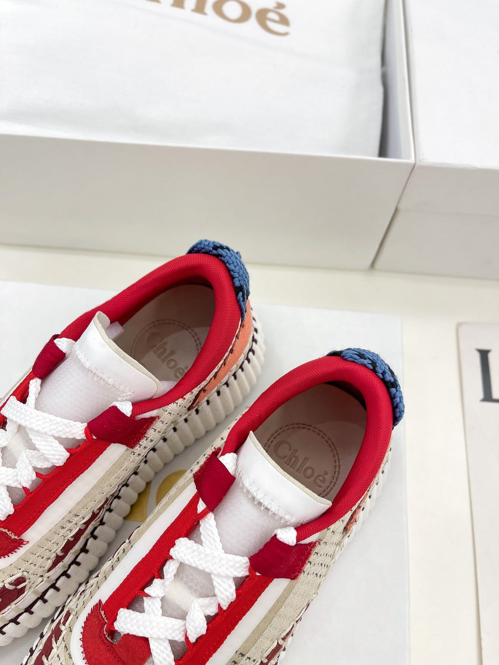CHLOÉ NAMA SNEAKER IN CHERRY RED MIX COLORFUL SPECIAL FABRIC