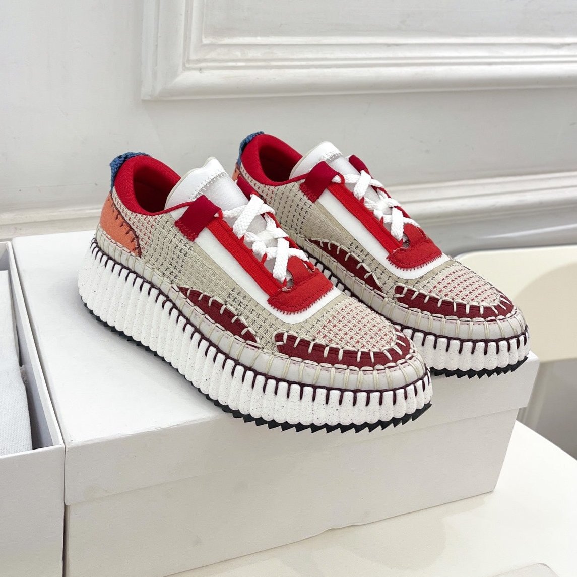 CHLOÉ NAMA SNEAKER IN CHERRY RED MIX COLORFUL SPECIAL FABRIC