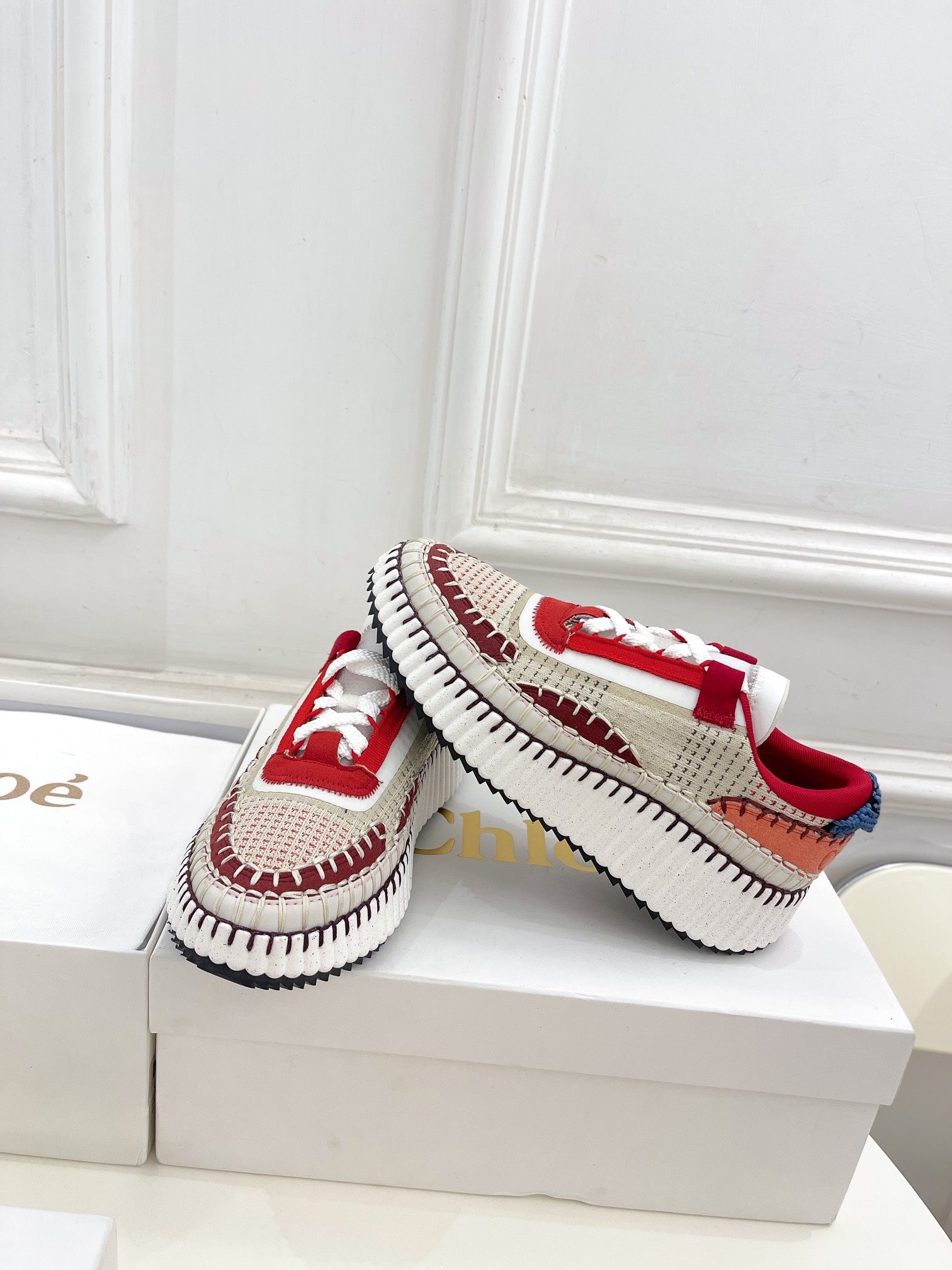 CHLOÉ NAMA SNEAKER IN CHERRY RED MIX COLORFUL SPECIAL FABRIC