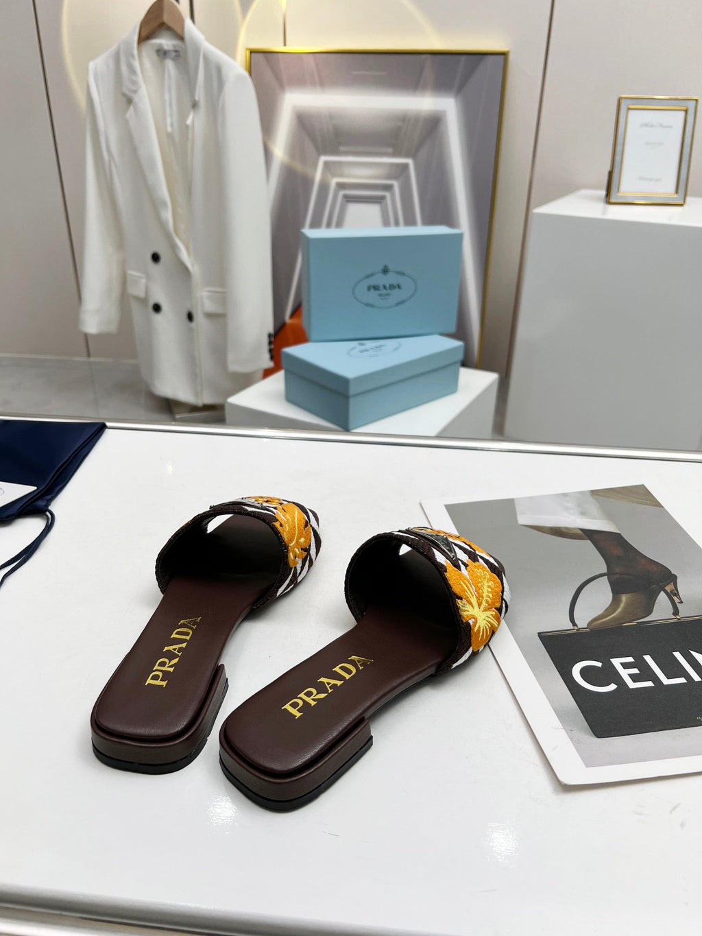 PRA EMBROIDERED SLIDES FLAT CHOCOLATE FABRIC