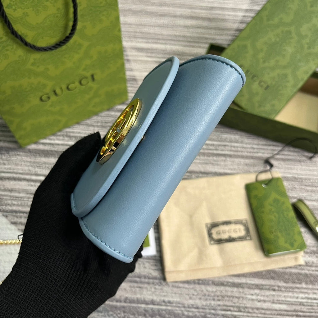 BLONDIE INTERLOCK MINI SHOULDER BAG 12 IN SKY BLUE CALFSKIN GOLD CHAIN