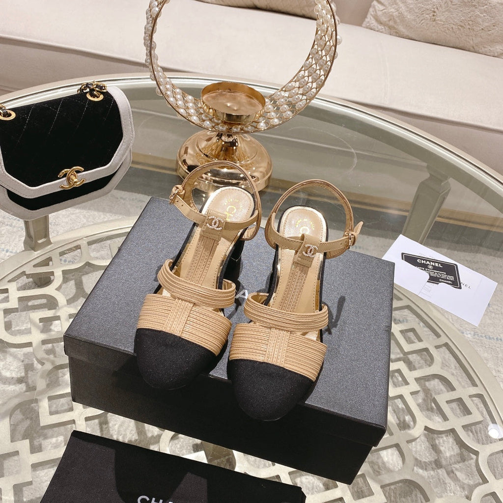 Double C  Heeled Sandals Tan Cream Lambskin